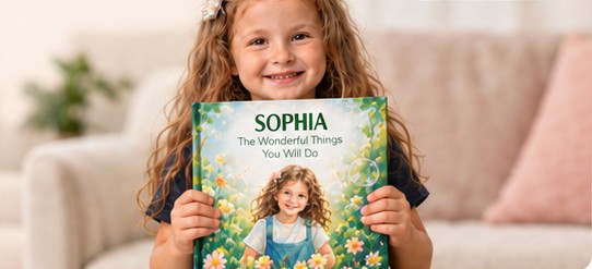A smiling child holding a personalized Bring the Moon storybook with the child's own portrait on the cover